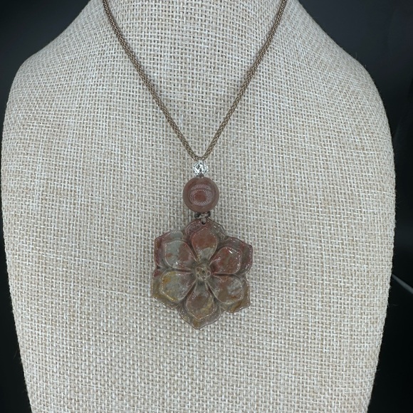 Polychrome Jasper Flower Pendant Necklace on Brown Rope - Picture 2 of 12